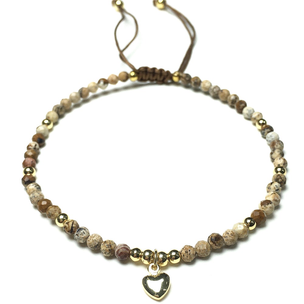 Picture Jasper Gemstone Braid Rope Macrame Adjustable Bracelet Tiny Beads Gemstone Bracelet with Love Heart Charm