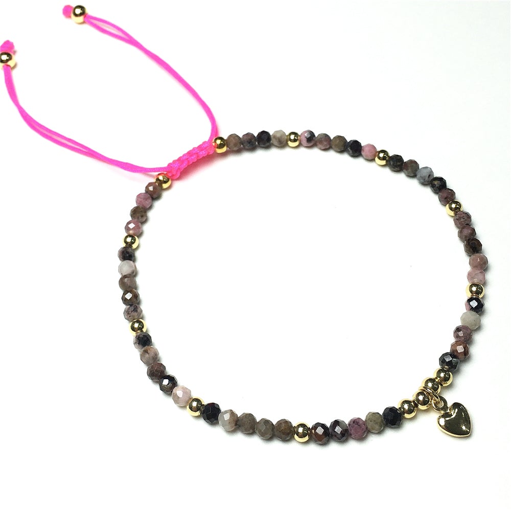 Pink Rhodonite Gemstone Braid Rope Macrame Adjustable Bracelet Tiny Beads Gemstone Bracelet with Love Heart Charm