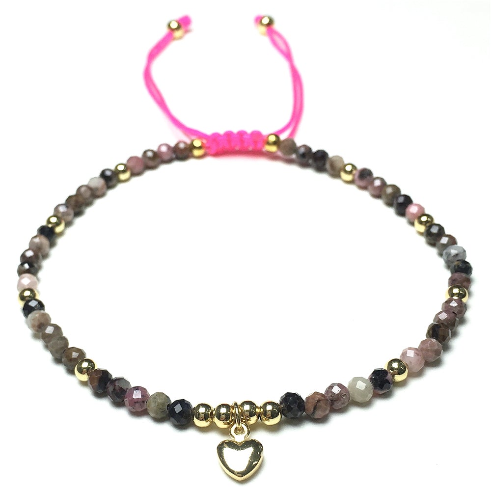 Pink Rhodonite Gemstone Braid Rope Macrame Adjustable Bracelet Tiny Beads Gemstone Bracelet with Love Heart Charm