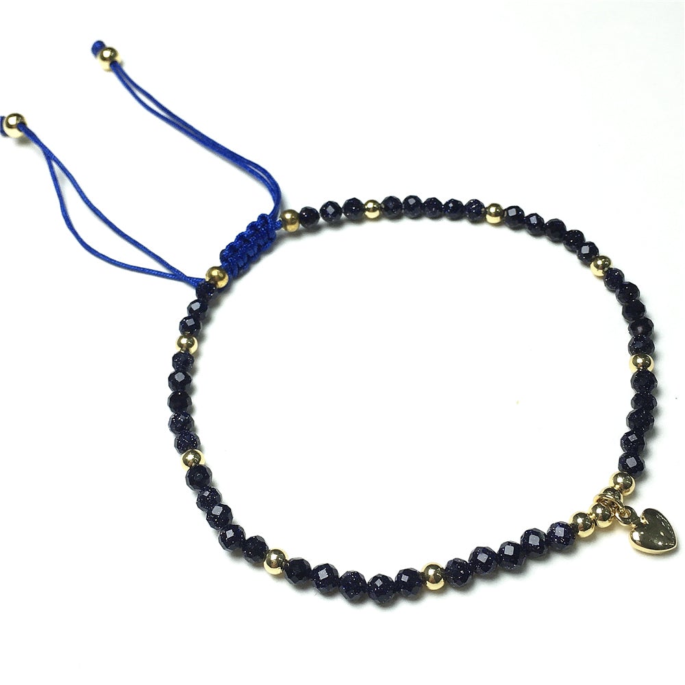 Blue Sandstone Gemstone Braid Rope Macrame Adjustable Bracelet Tiny Beads Gemstone Bracelet with Love Heart Charm