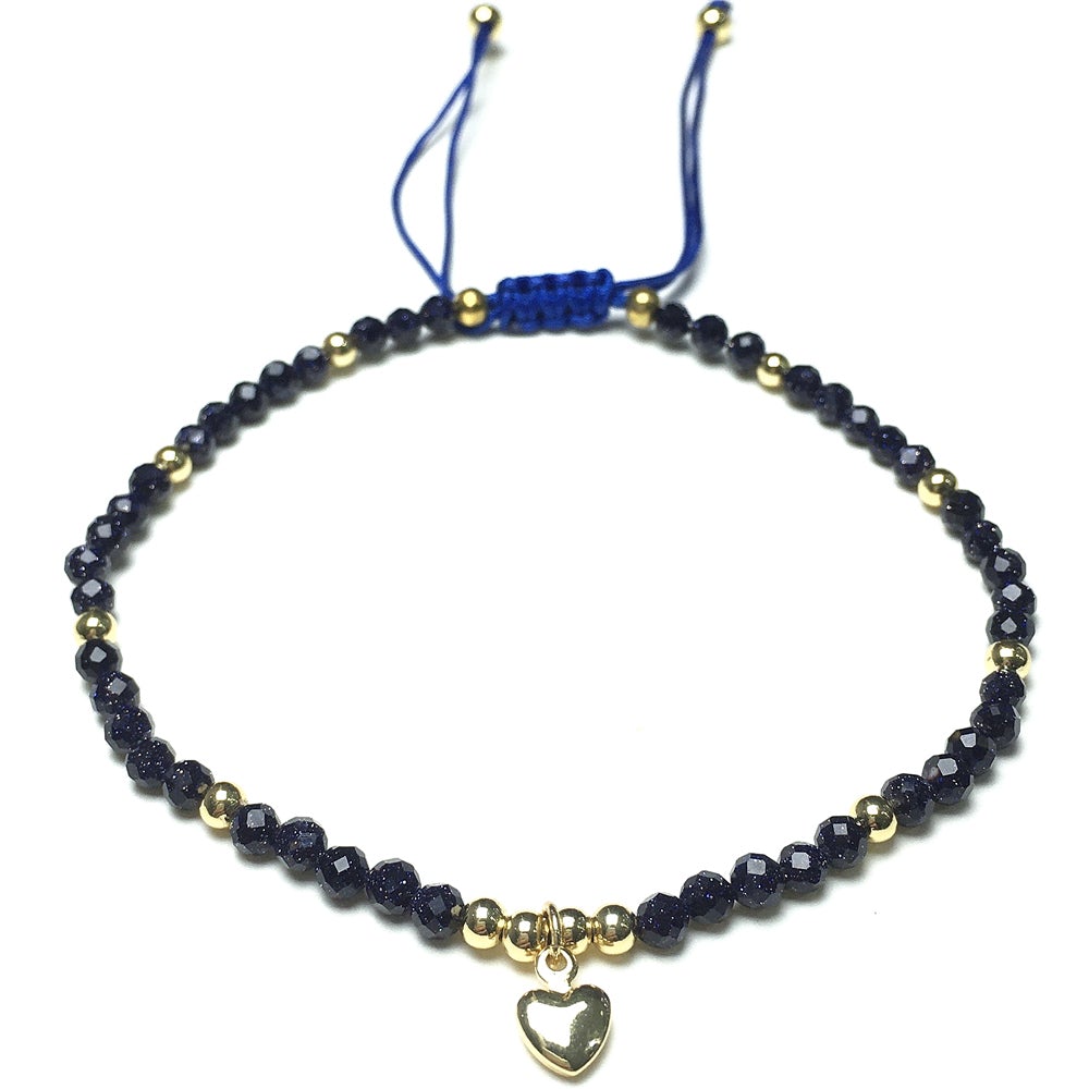 Blue Sandstone Gemstone Braid Rope Macrame Adjustable Bracelet Tiny Beads Gemstone Bracelet with Love Heart Charm