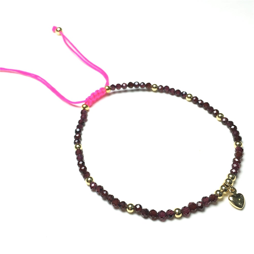 Garnet Gemstone Braid Rope Macrame Adjustable Bracelet Tiny Beads Gemstone Bracelet with Love Heart Charm