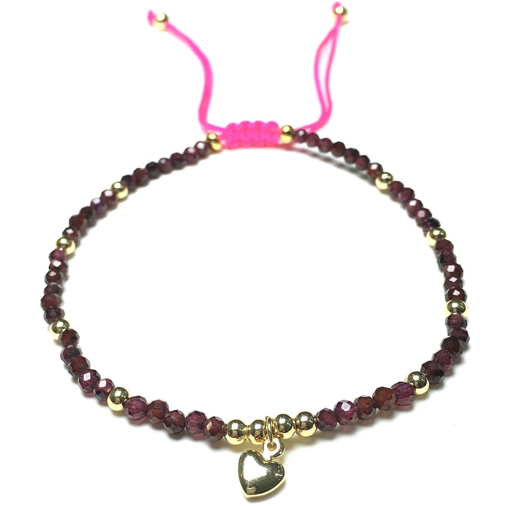 Garnet Gemstone Braid Rope Macrame Adjustable Bracelet Tiny Beads Gemstone Bracelet with Love Heart Charm