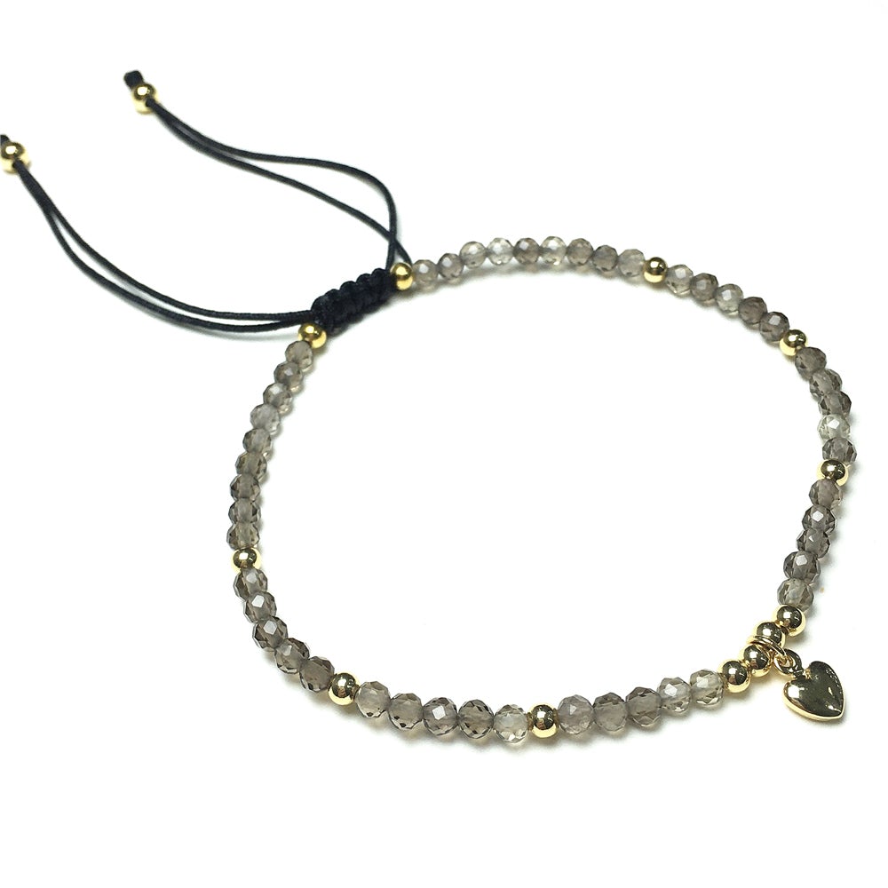 Smoky Quartz Gemstone Braid Rope Macrame Adjustable Bracelet Tiny Beads Gemstone Bracelet with Love Heart Charm
