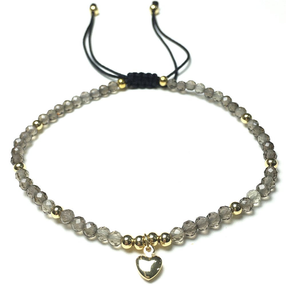 Smoky Quartz Gemstone Braid Rope Macrame Adjustable Bracelet Tiny Beads Gemstone Bracelet with Love Heart Charm