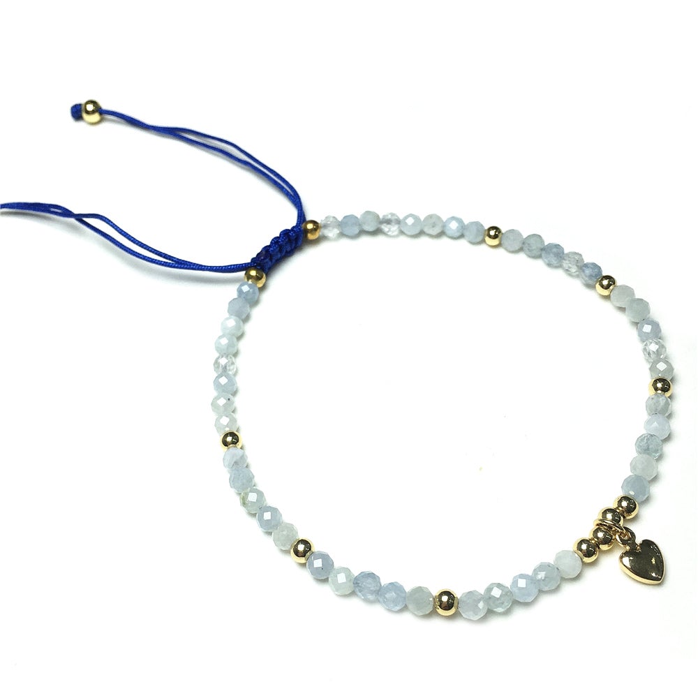 Aquamarine Gemstone Braid Rope Macrame Adjustable Bracelet Tiny Beads Gemstone Bracelet with Love Heart Charm
