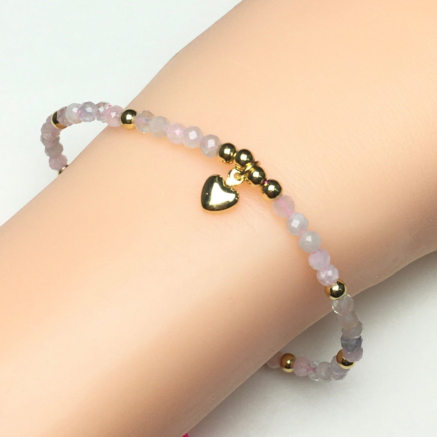 Morganite Gemstone Braid Rope Macrame Adjustable Bracelet Tiny Beads Gemstone Bracelet with Love Heart Charm