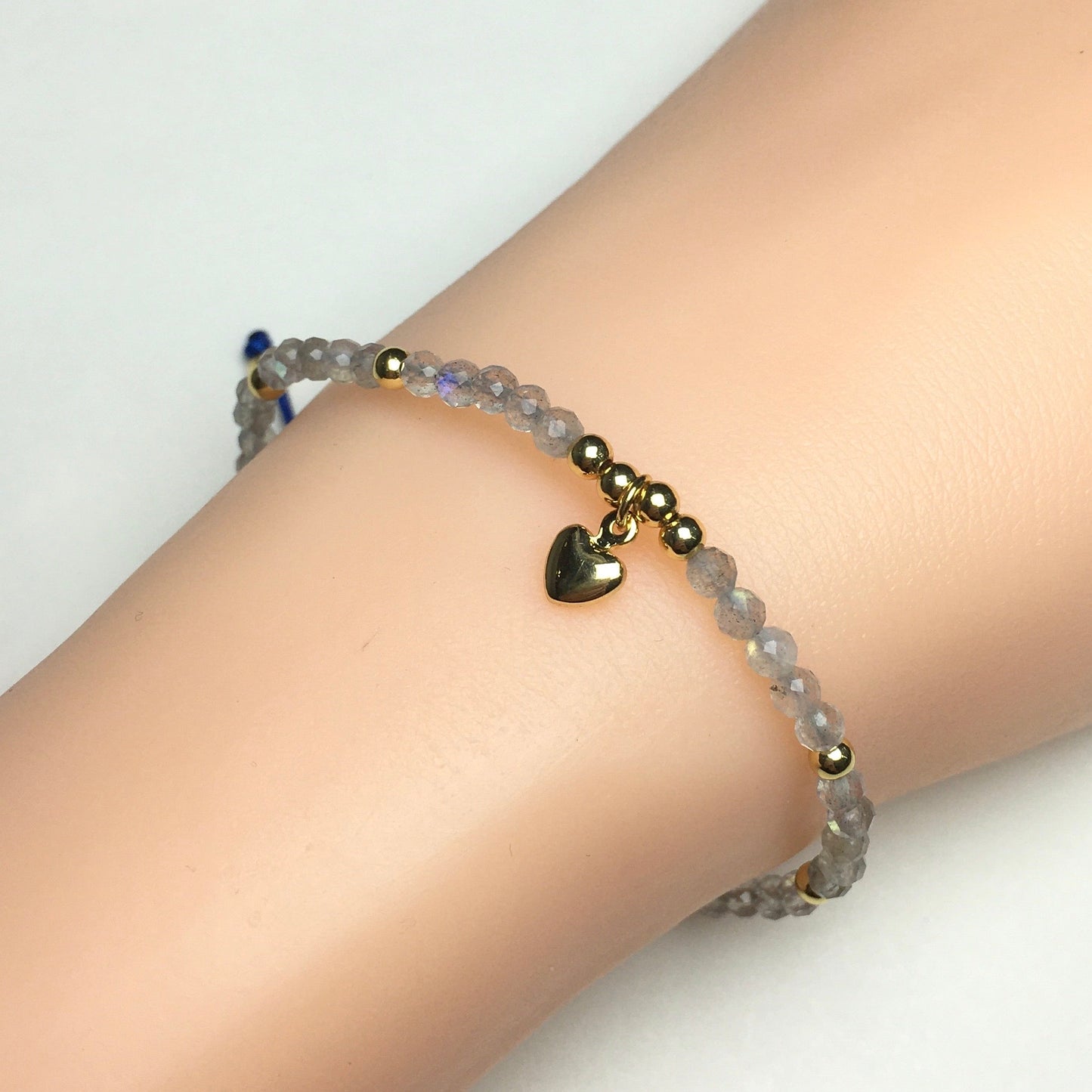 Labradorite Gemstone Braid Rope Macrame Adjustable Bracelet Tiny Beads Gemstone Bracelet with Love Heart Charm