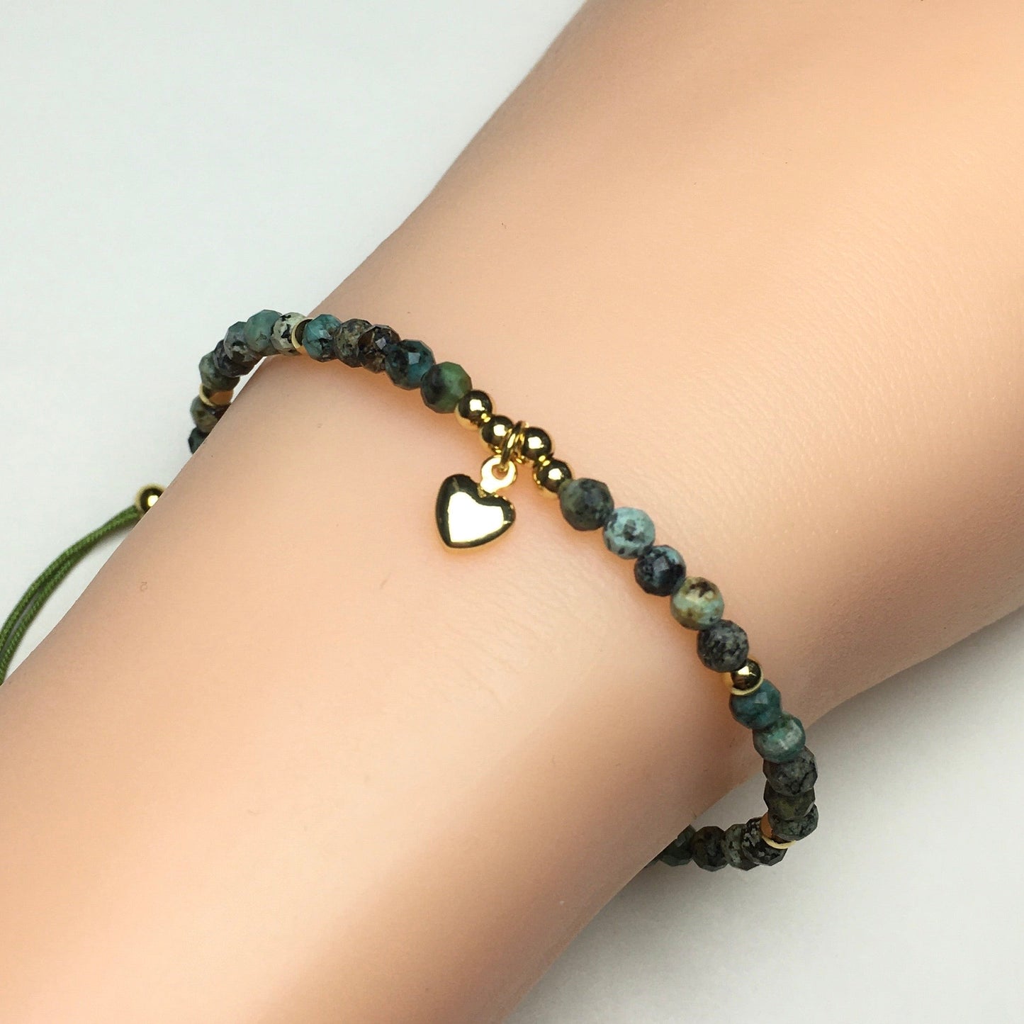African Turquoise Gemstone Braid Rope Macrame Adjustable Bracelet Tiny Beads Gemstone Bracelet with Love Heart Charm