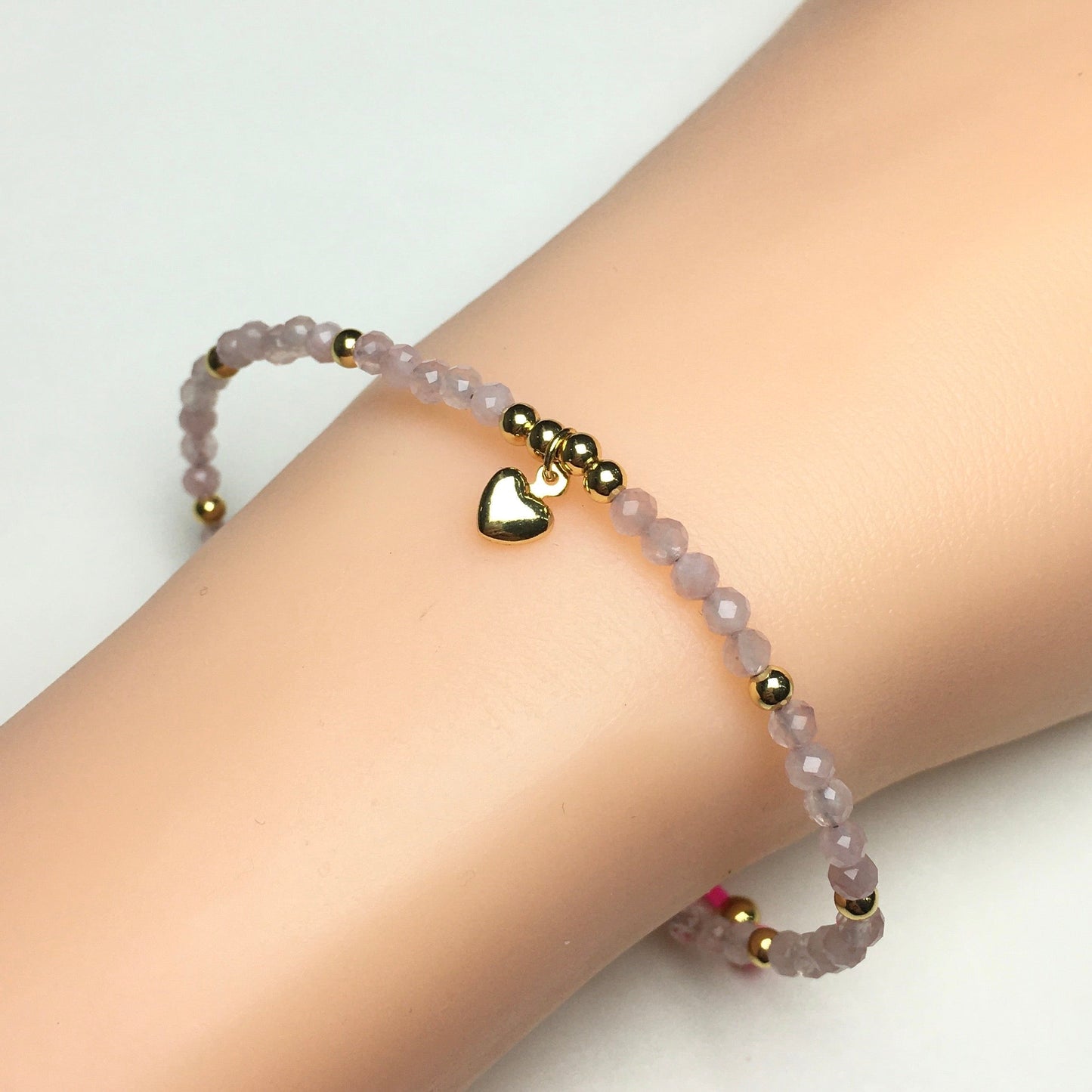 Rose Quartz Gemstone Braid Rope Macrame Adjustable Bracelet Tiny Beads Gemstone Bracelet with Love Heart Charm