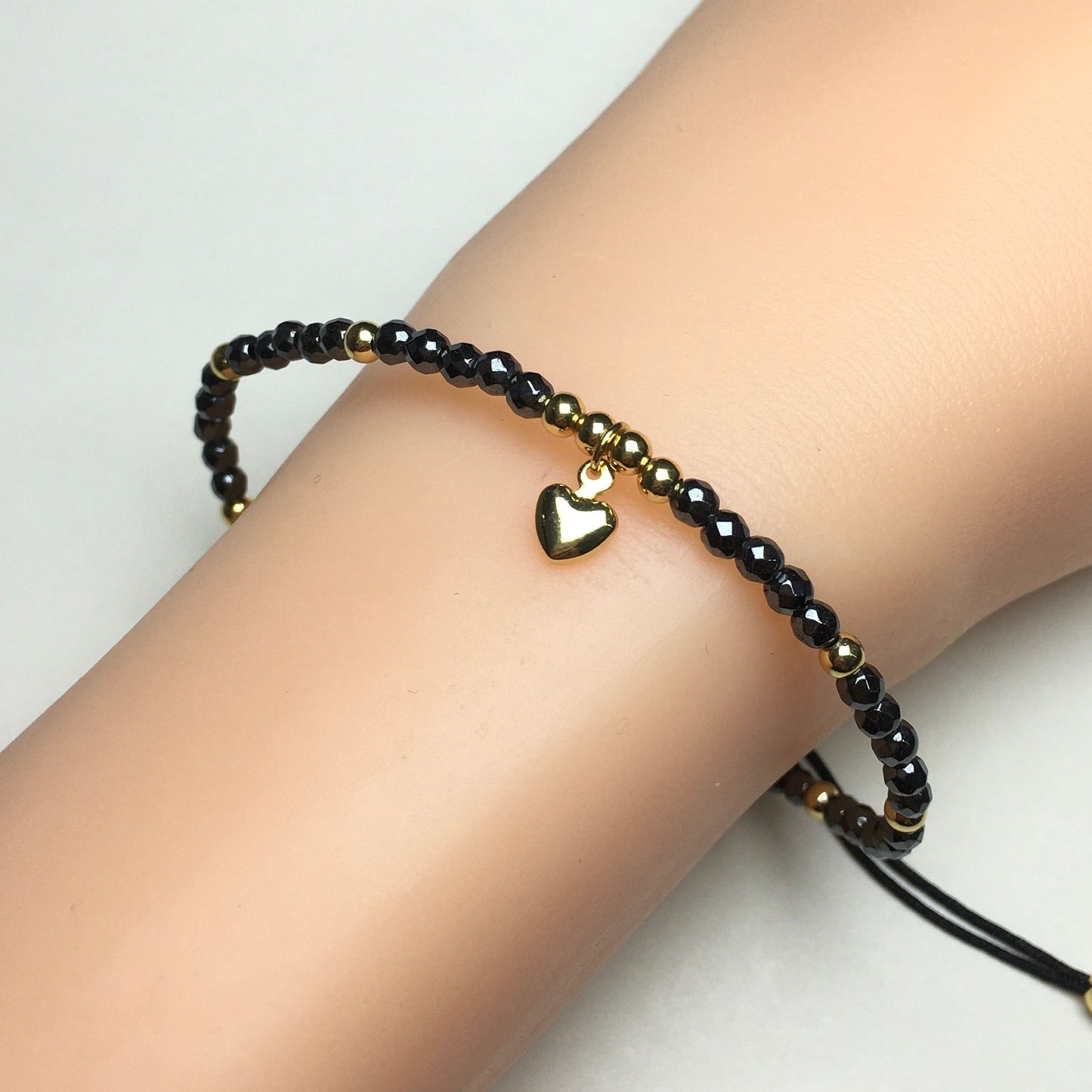 Hematite Gemstone Braid Rope Macrame Adjustable Bracelet Tiny Beads Gemstone Bracelet with Love Heart Charm