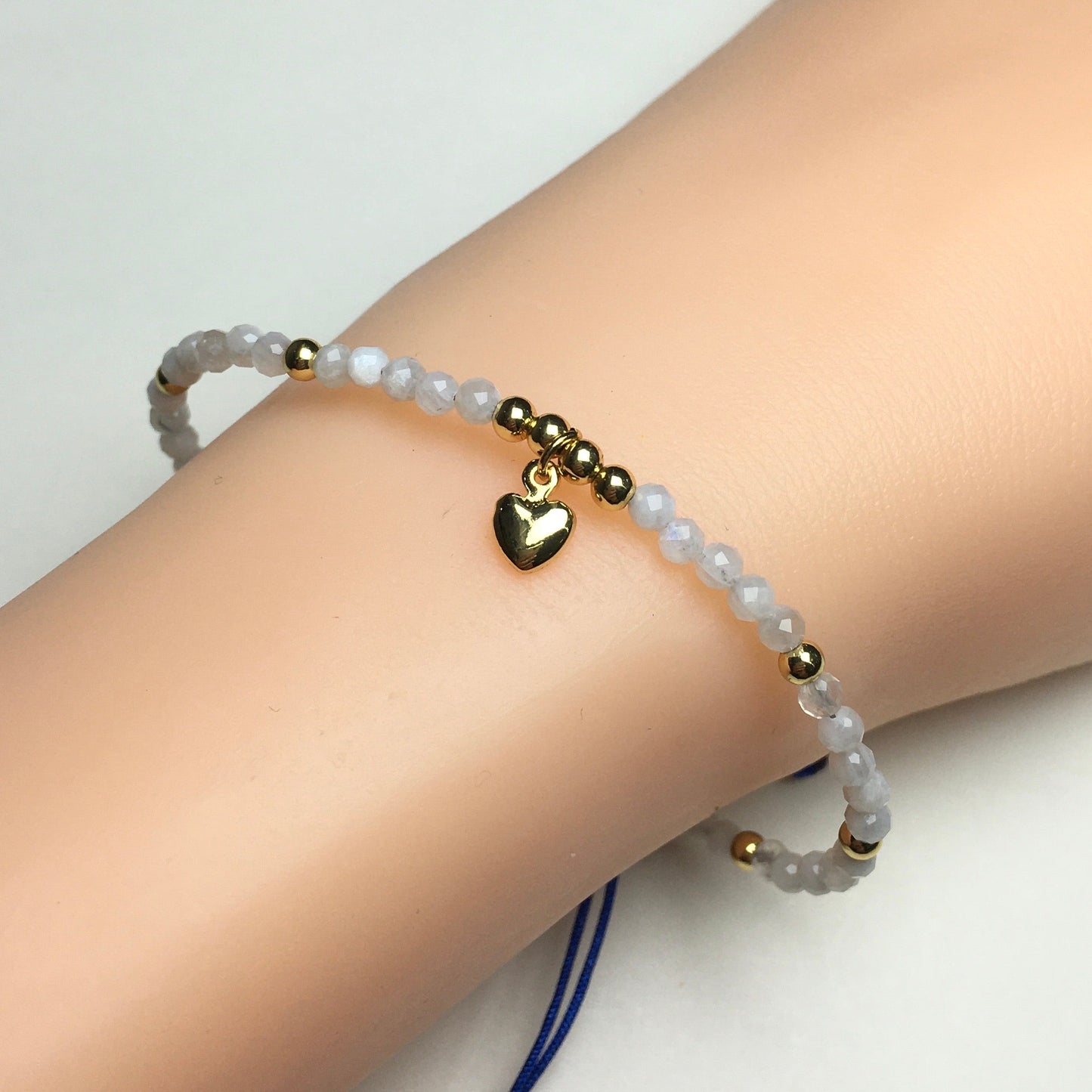 Moonstone Gemstone Braid Rope Macrame Adjustable Bracelet Tiny Beads Gemstone Bracelet with Love Heart Charm