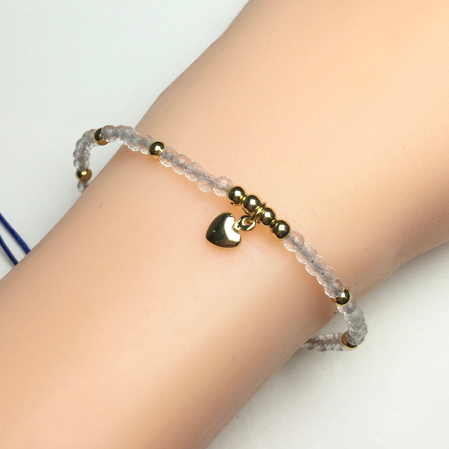 Clear Quartz Gemstone Braid Rope Macrame Adjustable Bracelet Tiny Beads Gemstone Bracelet with Love Heart Charm