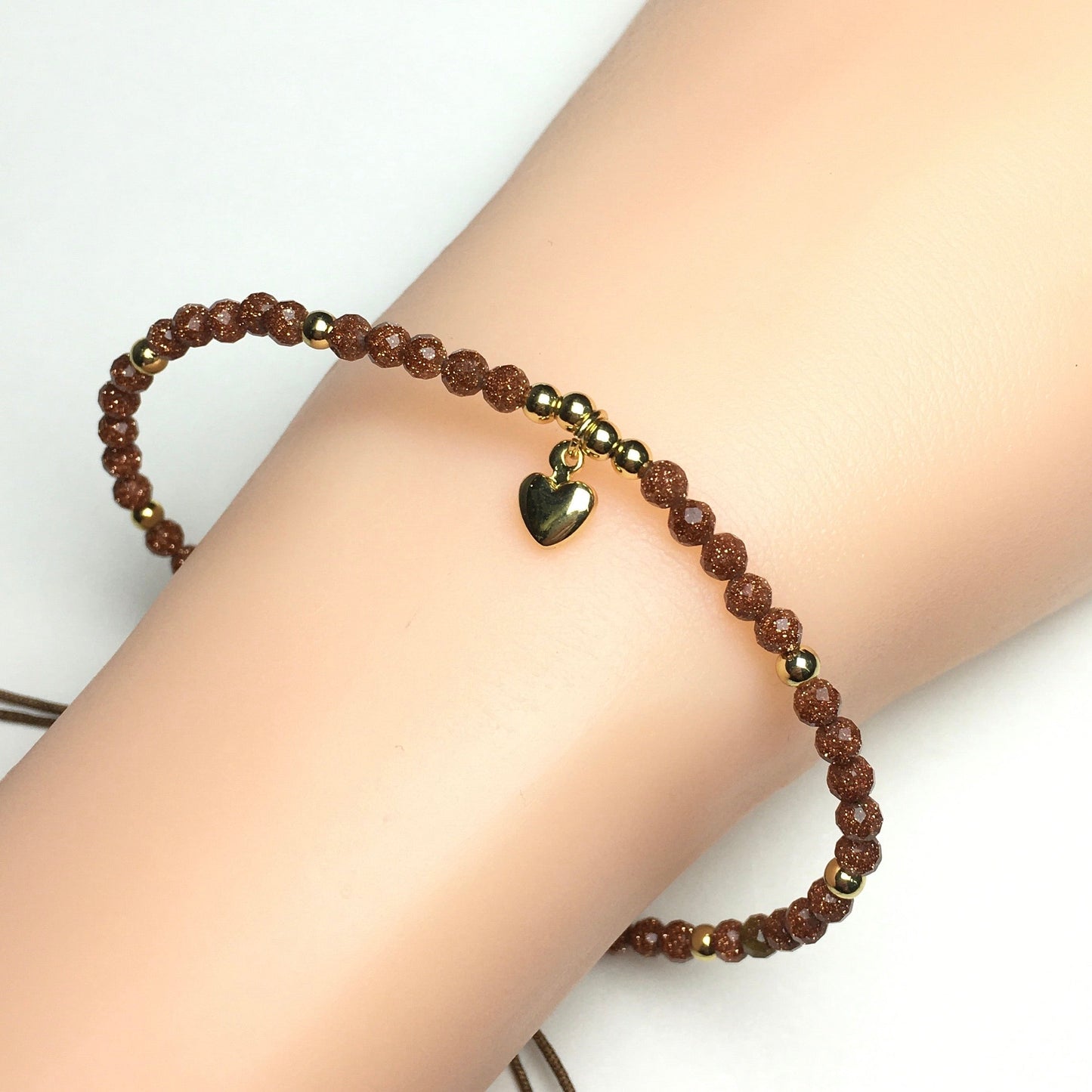 Gold Sandstone Gemstone Braid Rope Macrame Adjustable Bracelet Tiny Beads Gemstone Bracelet with Love Heart Charm