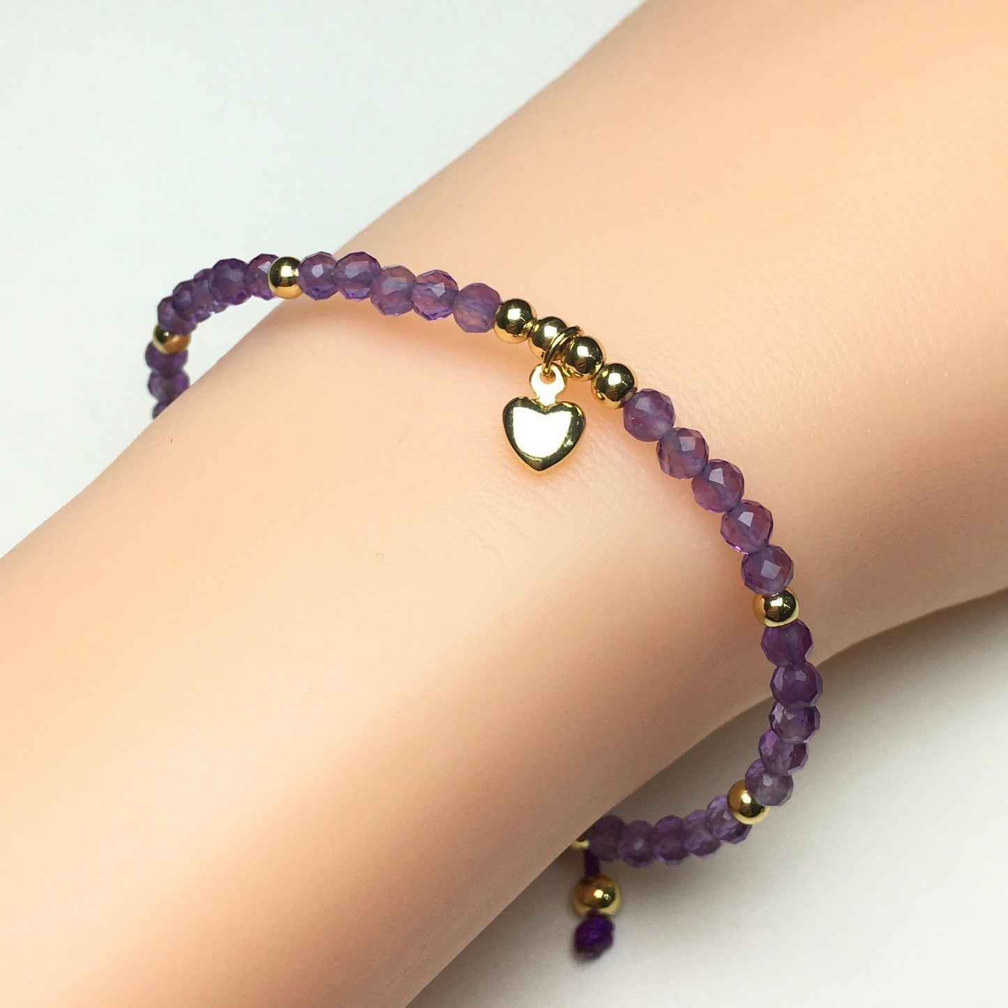 Amethyst Gemstone Braid Rope Macrame Adjustable Bracelet Tiny Beads Gemstone Bracelet with Love Heart Charm