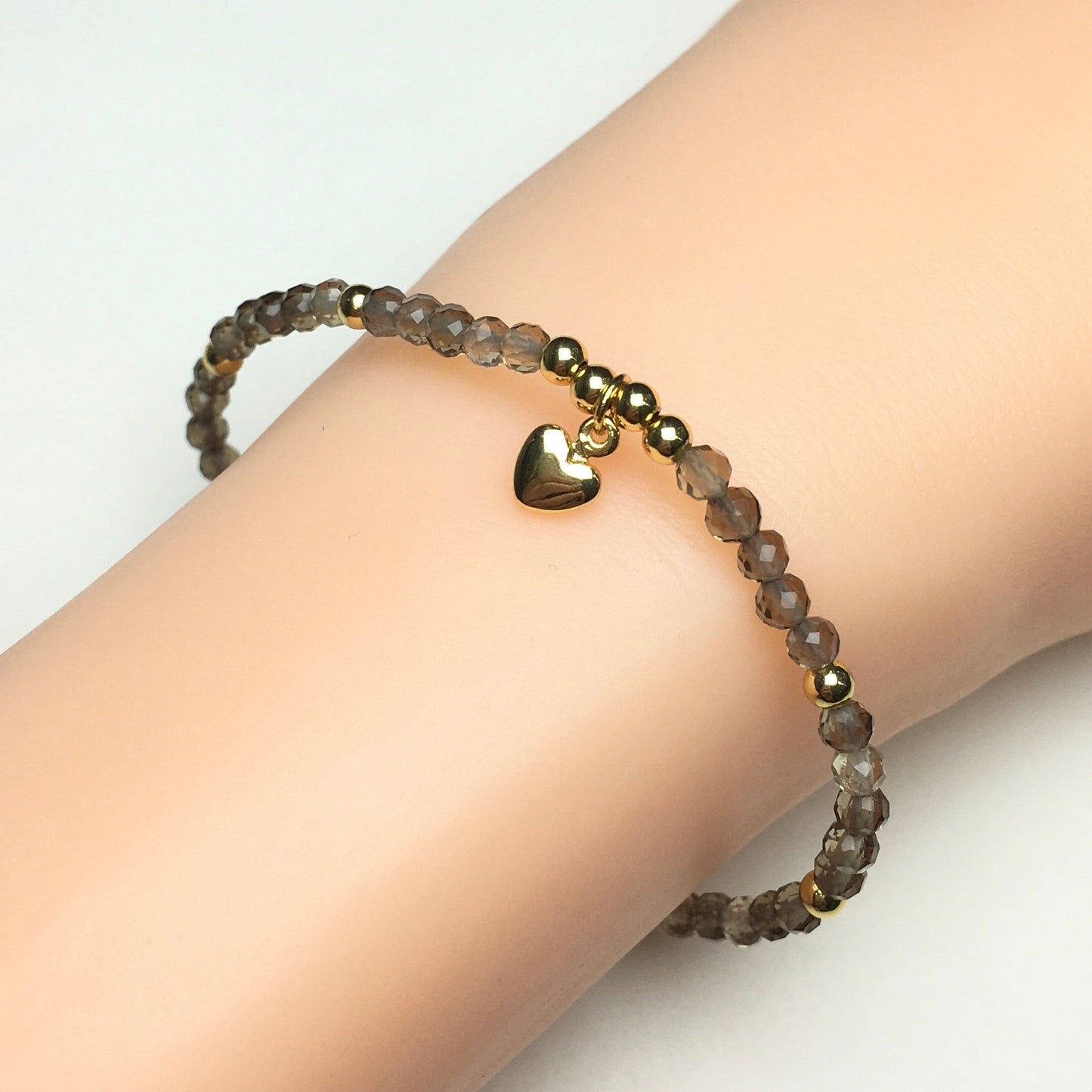 Smoky Quartz Gemstone Braid Rope Macrame Adjustable Bracelet Tiny Beads Gemstone Bracelet with Love Heart Charm