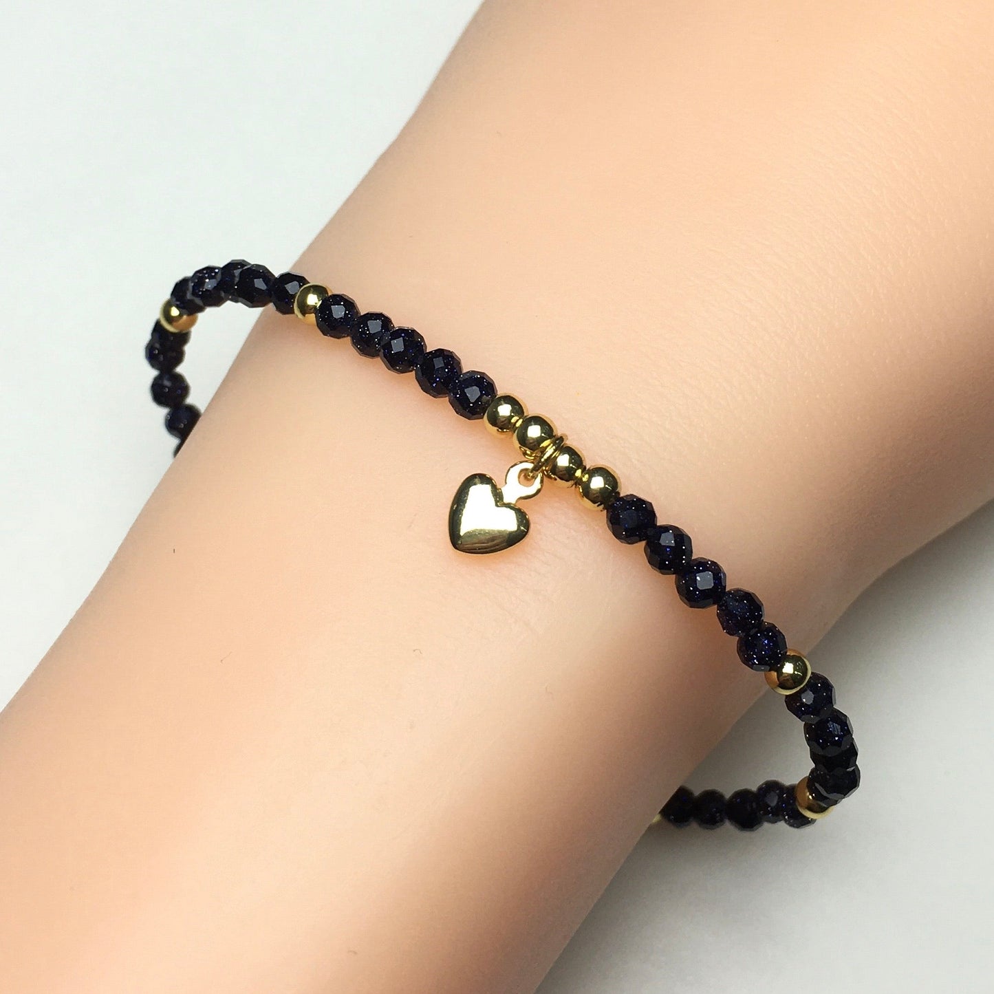 Blue Sandstone Gemstone Braid Rope Macrame Adjustable Bracelet Tiny Beads Gemstone Bracelet with Love Heart Charm