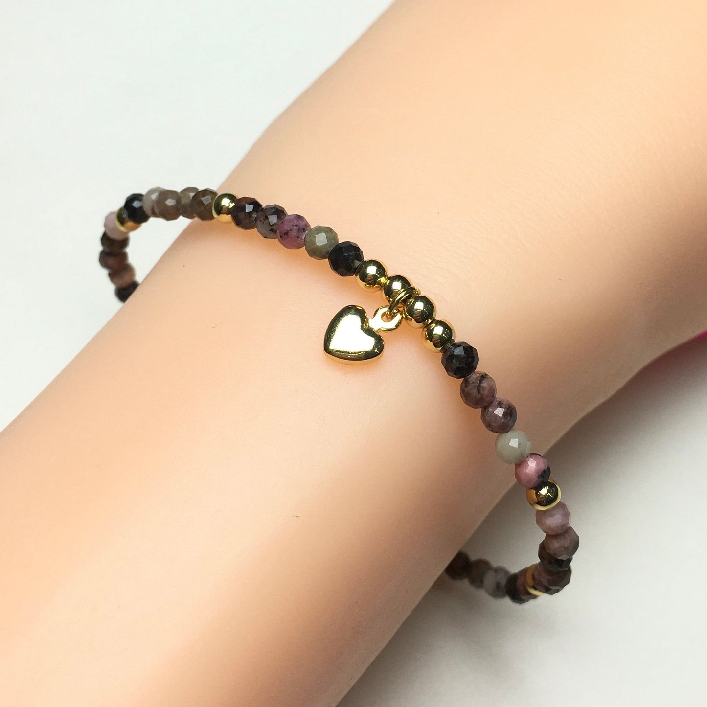 Pink Rhodonite Gemstone Braid Rope Macrame Adjustable Bracelet Tiny Beads Gemstone Bracelet with Love Heart Charm
