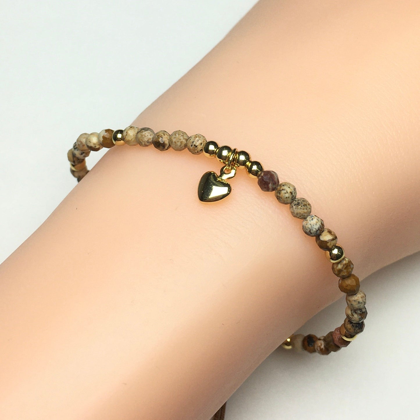 Picture Jasper Gemstone Braid Rope Macrame Adjustable Bracelet Tiny Beads Gemstone Bracelet with Love Heart Charm