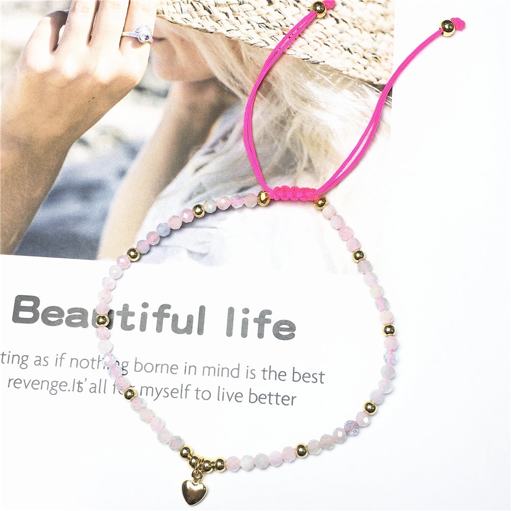 Morganite Gemstone Braid Rope Macrame Adjustable Bracelet Tiny Beads Gemstone Bracelet with Love Heart Charm