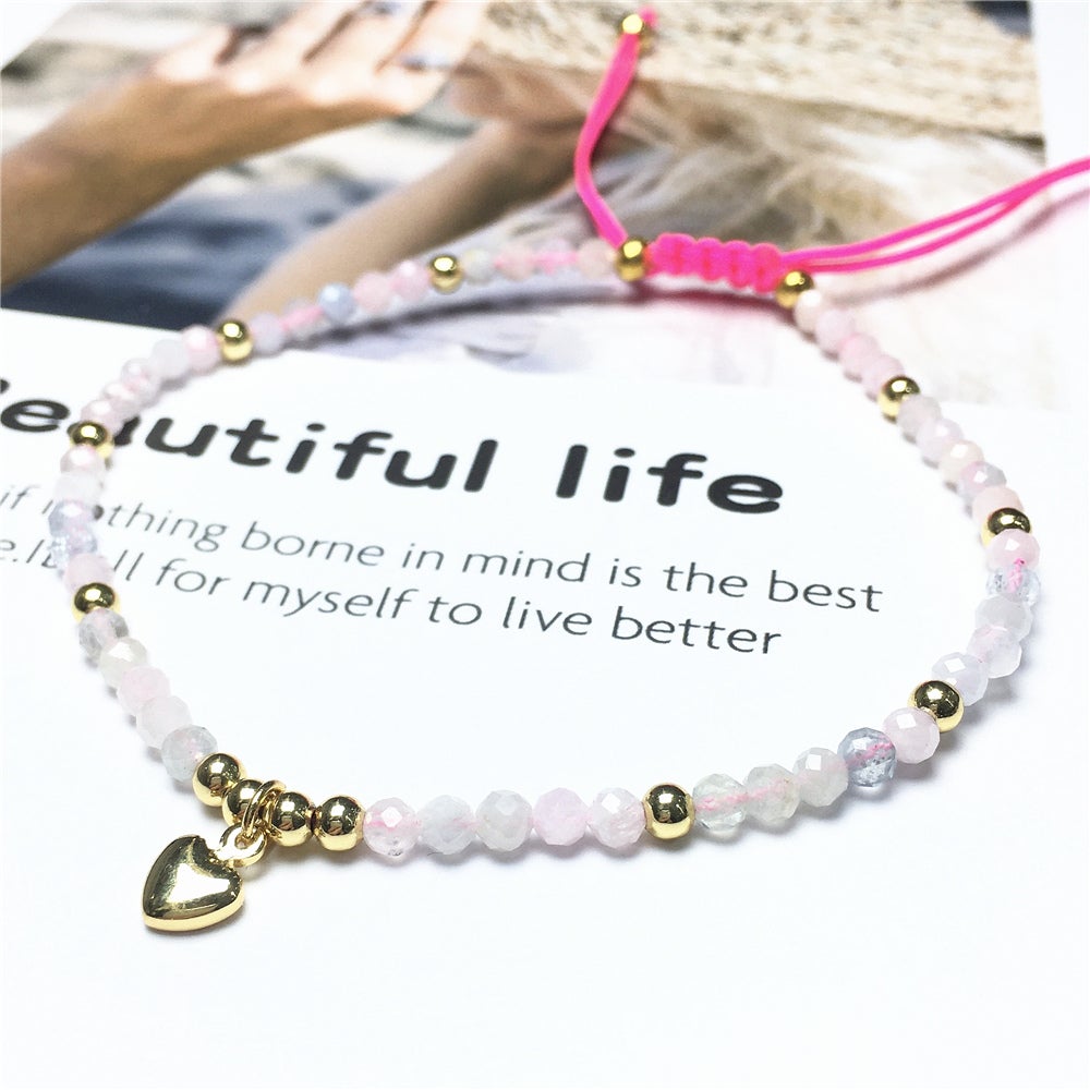 Morganite Gemstone Braid Rope Macrame Adjustable Bracelet Tiny Beads Gemstone Bracelet with Love Heart Charm