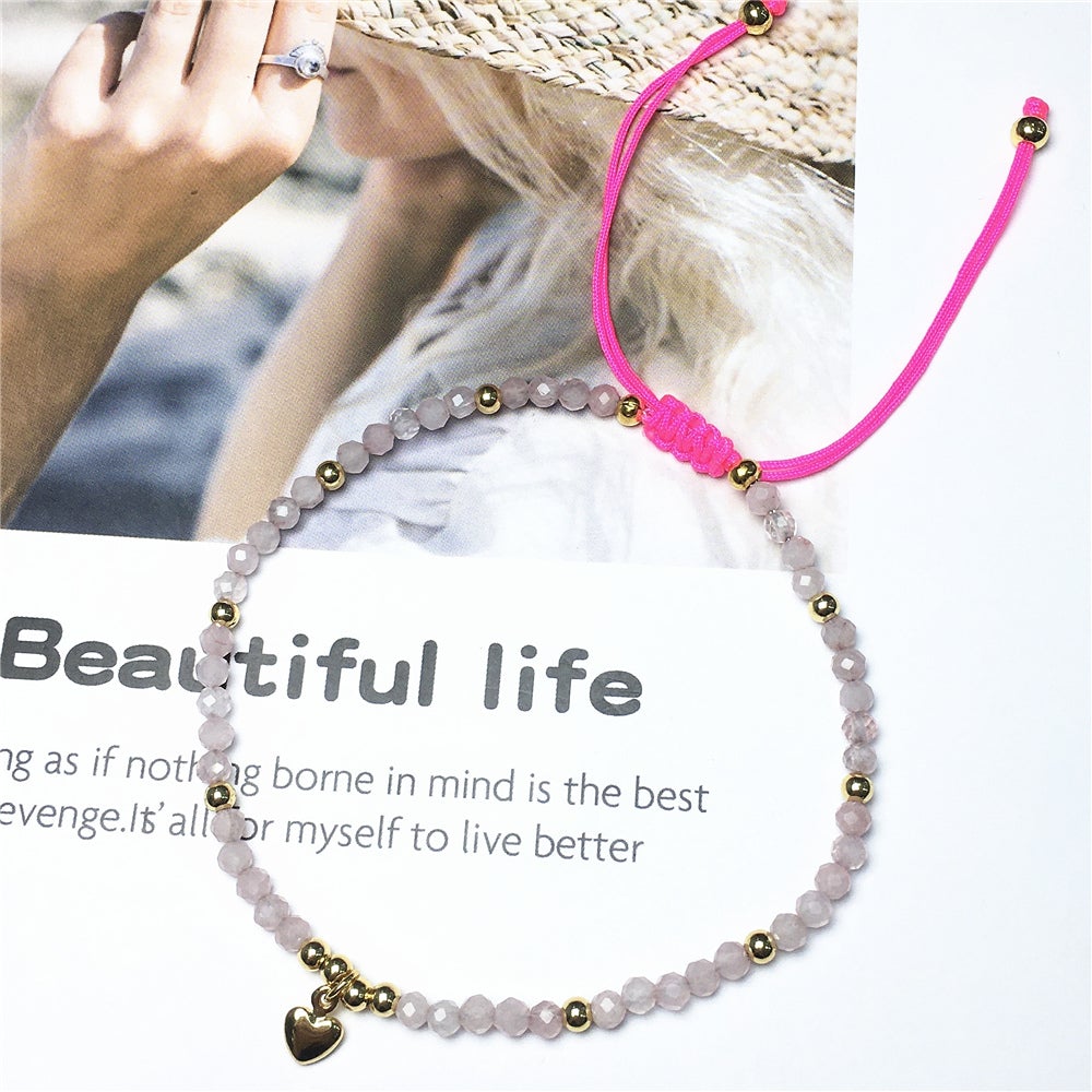 Rose Quartz Gemstone Braid Rope Macrame Adjustable Bracelet Tiny Beads Gemstone Bracelet with Love Heart Charm