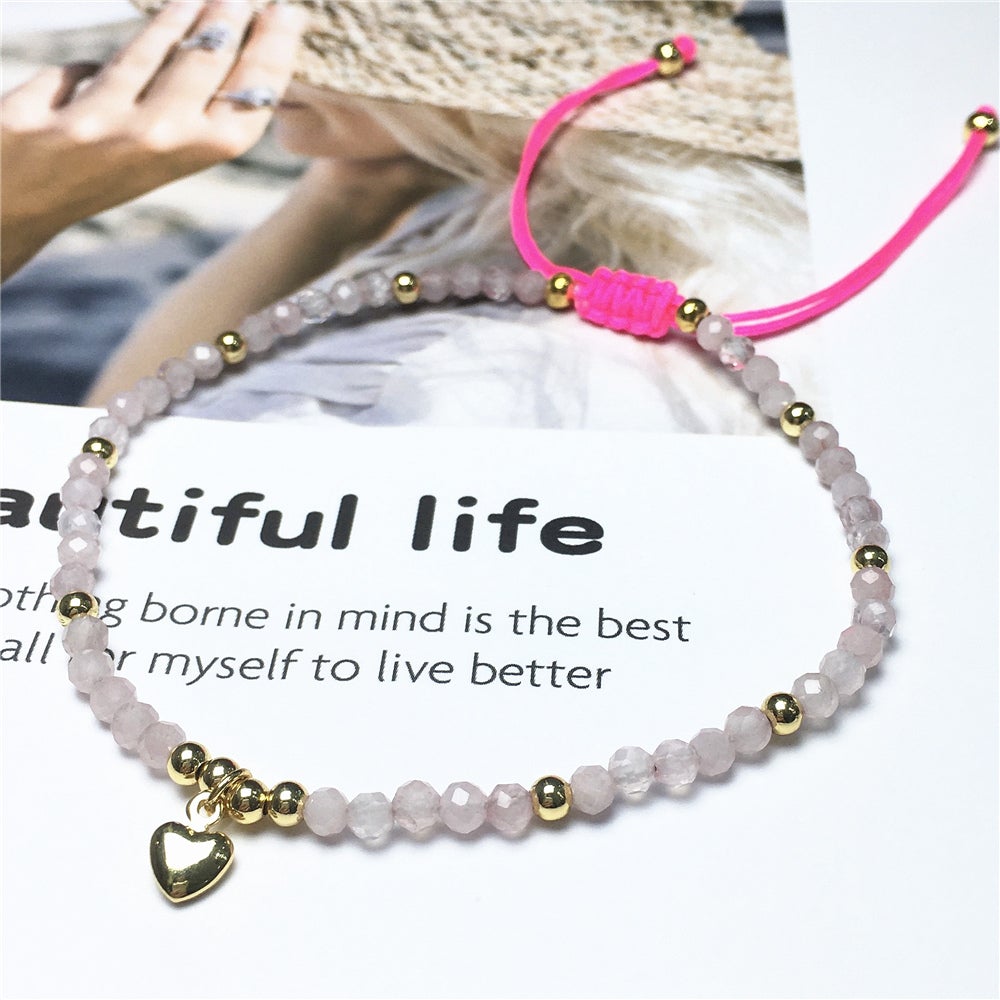 Rose Quartz Gemstone Braid Rope Macrame Adjustable Bracelet Tiny Beads Gemstone Bracelet with Love Heart Charm