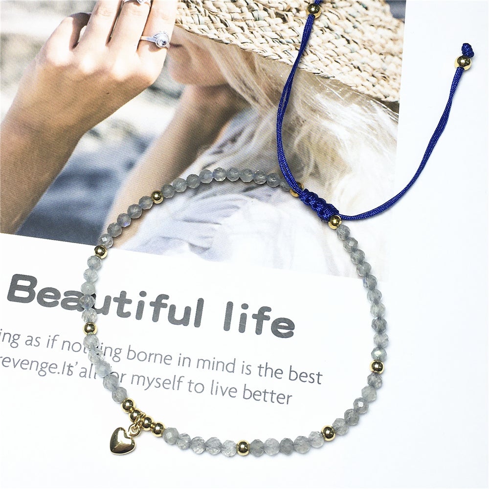 Labradorite Gemstone Braid Rope Macrame Adjustable Bracelet Tiny Beads Gemstone Bracelet with Love Heart Charm