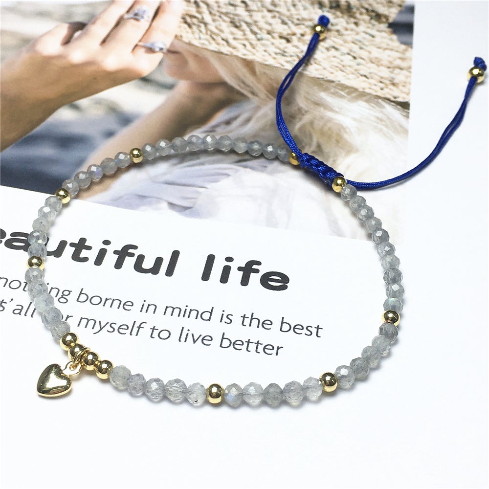 Labradorite Gemstone Braid Rope Macrame Adjustable Bracelet Tiny Beads Gemstone Bracelet with Love Heart Charm