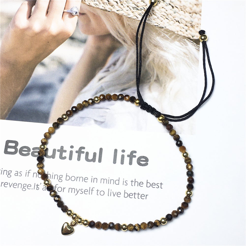 Tiger Eyes Gemstone Braid Rope Macrame Adjustable Bracelet Tiny Beads Gemstone Bracelet with Love Heart Charm