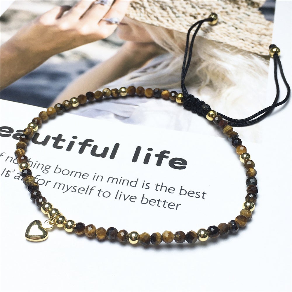 Tiger Eyes Gemstone Braid Rope Macrame Adjustable Bracelet Tiny Beads Gemstone Bracelet with Love Heart Charm