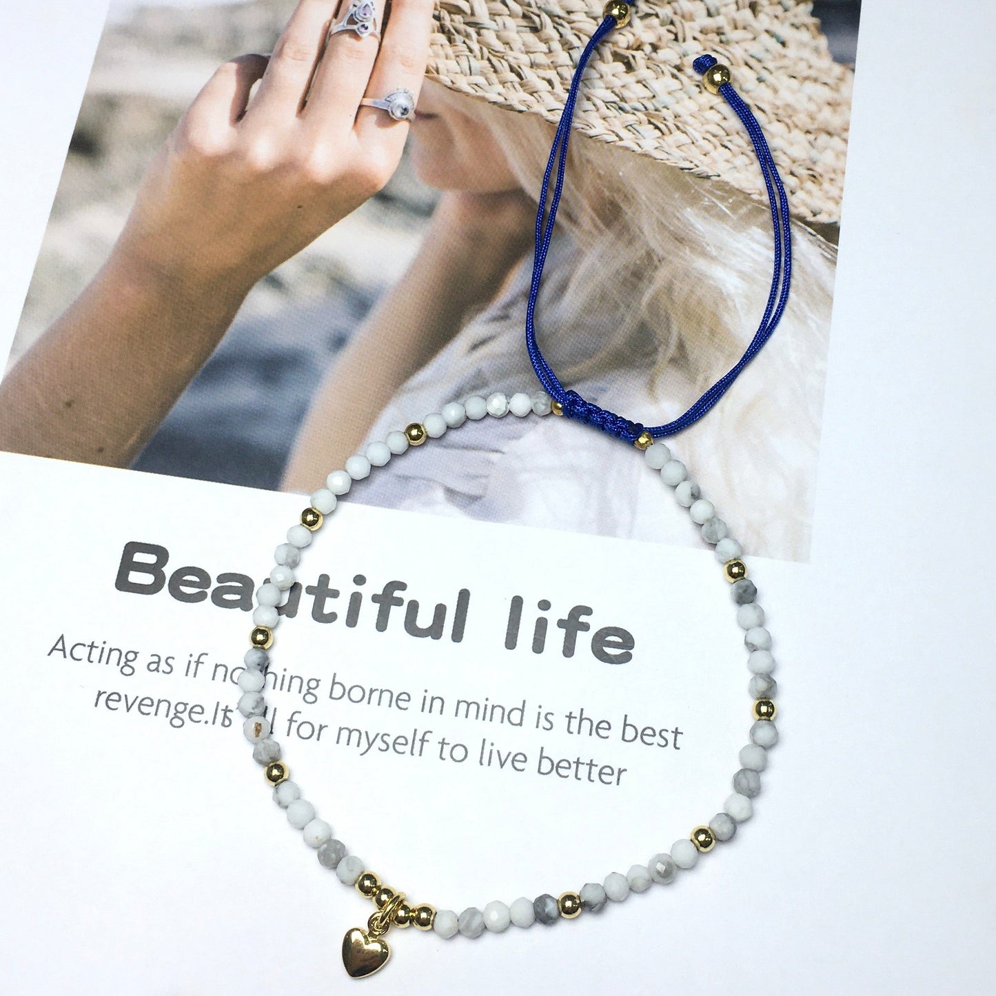 Howlite Gemstone Braid Rope Macrame Adjustable Bracelet Tiny Beads Gemstone Bracelet with Love Heart Charm