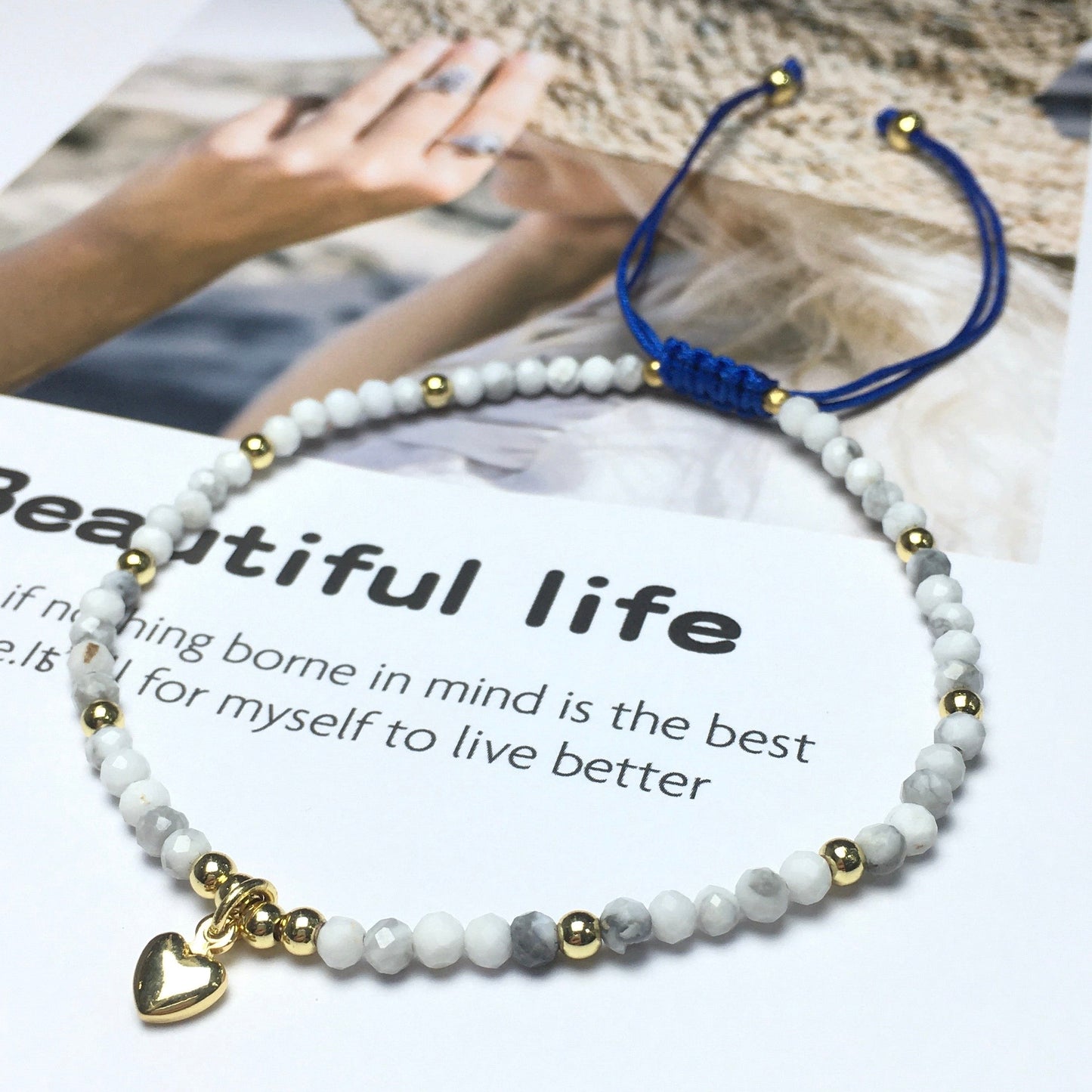 Howlite Gemstone Braid Rope Macrame Adjustable Bracelet Tiny Beads Gemstone Bracelet with Love Heart Charm