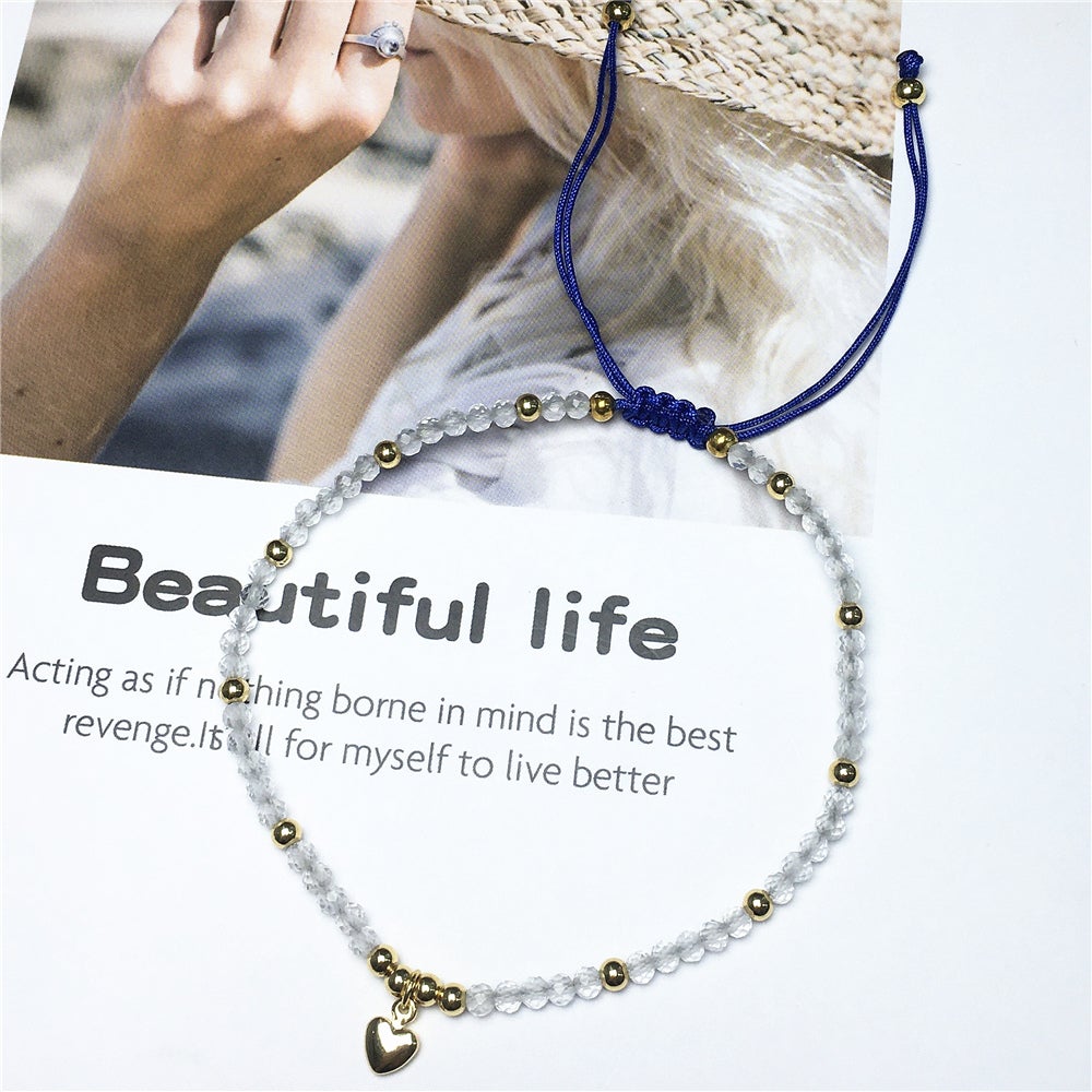 Clear Quartz Gemstone Braid Rope Macrame Adjustable Bracelet Tiny Beads Gemstone Bracelet with Love Heart Charm