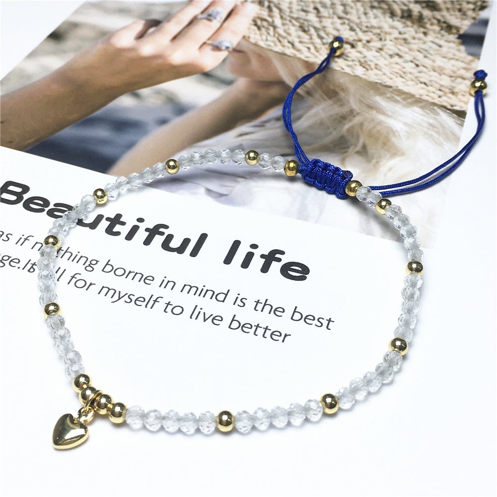 Clear Quartz Gemstone Braid Rope Macrame Adjustable Bracelet Tiny Beads Gemstone Bracelet with Love Heart Charm