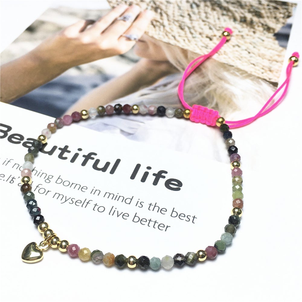 Tourmaline Gemstone Braid Rope Macrame Adjustable Bracelet Tiny Beads Gemstone Bracelet with Love Heart Charm