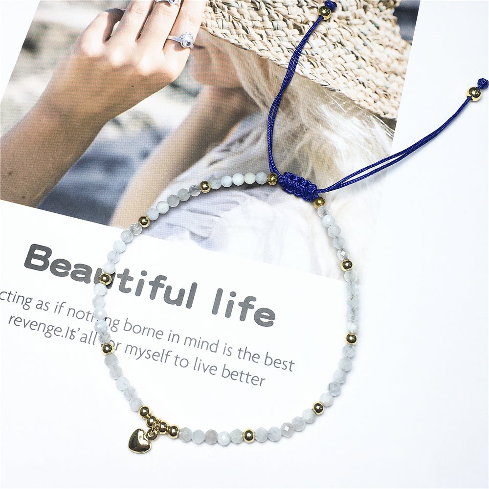 Moonstone Gemstone Braid Rope Macrame Adjustable Bracelet Tiny Beads Gemstone Bracelet with Love Heart Charm