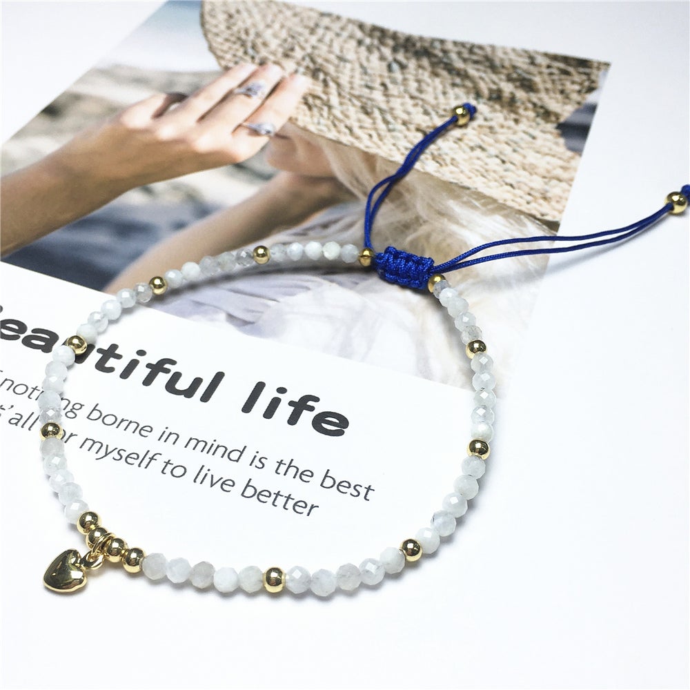 Moonstone Gemstone Braid Rope Macrame Adjustable Bracelet Tiny Beads Gemstone Bracelet with Love Heart Charm