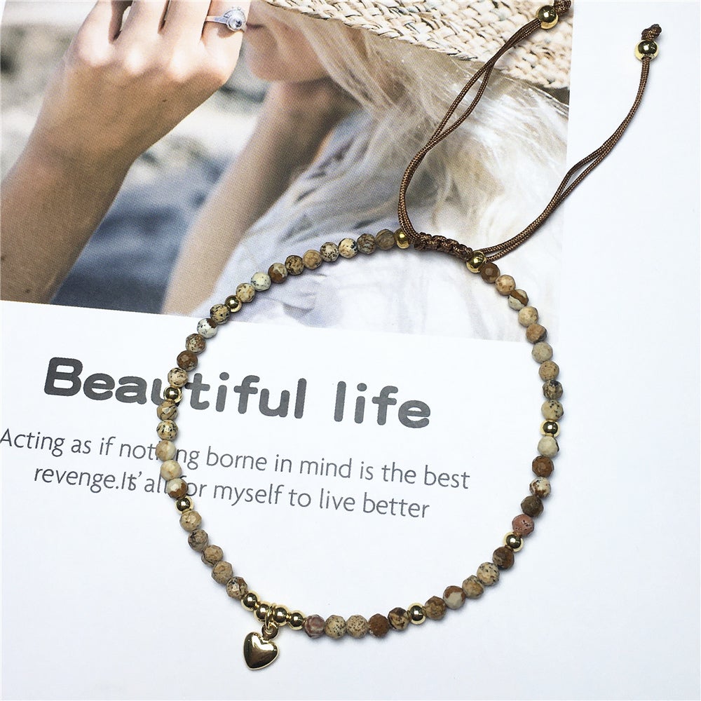 Picture Jasper Gemstone Braid Rope Macrame Adjustable Bracelet Tiny Beads Gemstone Bracelet with Love Heart Charm