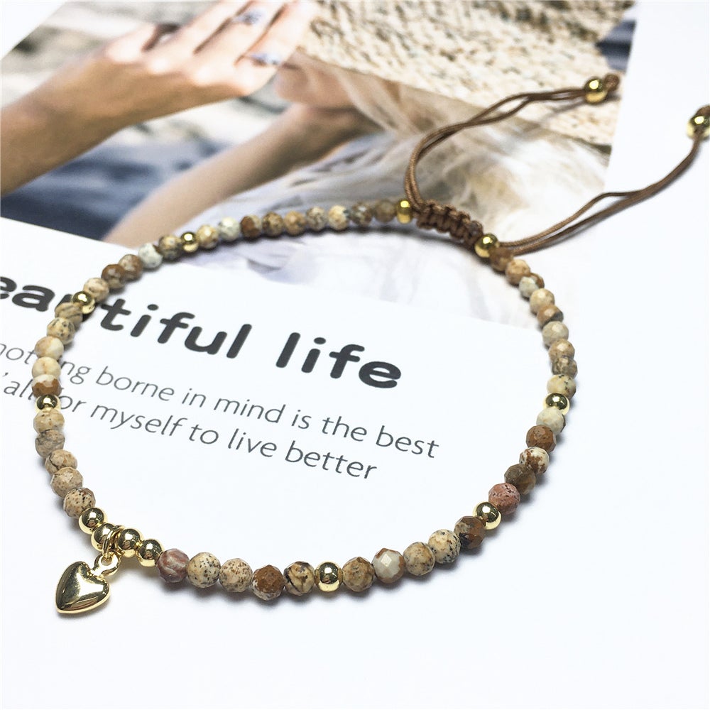 Picture Jasper Gemstone Braid Rope Macrame Adjustable Bracelet Tiny Beads Gemstone Bracelet with Love Heart Charm