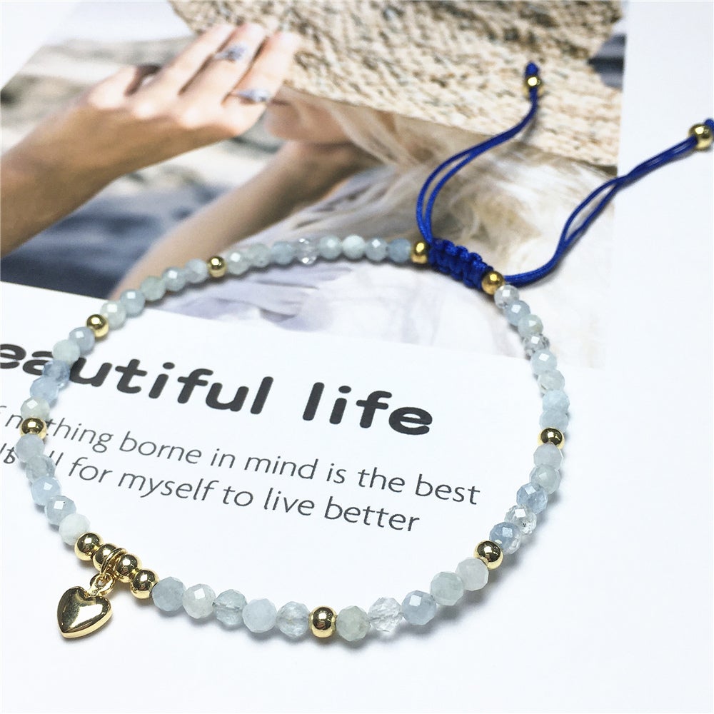Aquamarine Gemstone Braid Rope Macrame Adjustable Bracelet Tiny Beads Gemstone Bracelet with Love Heart Charm