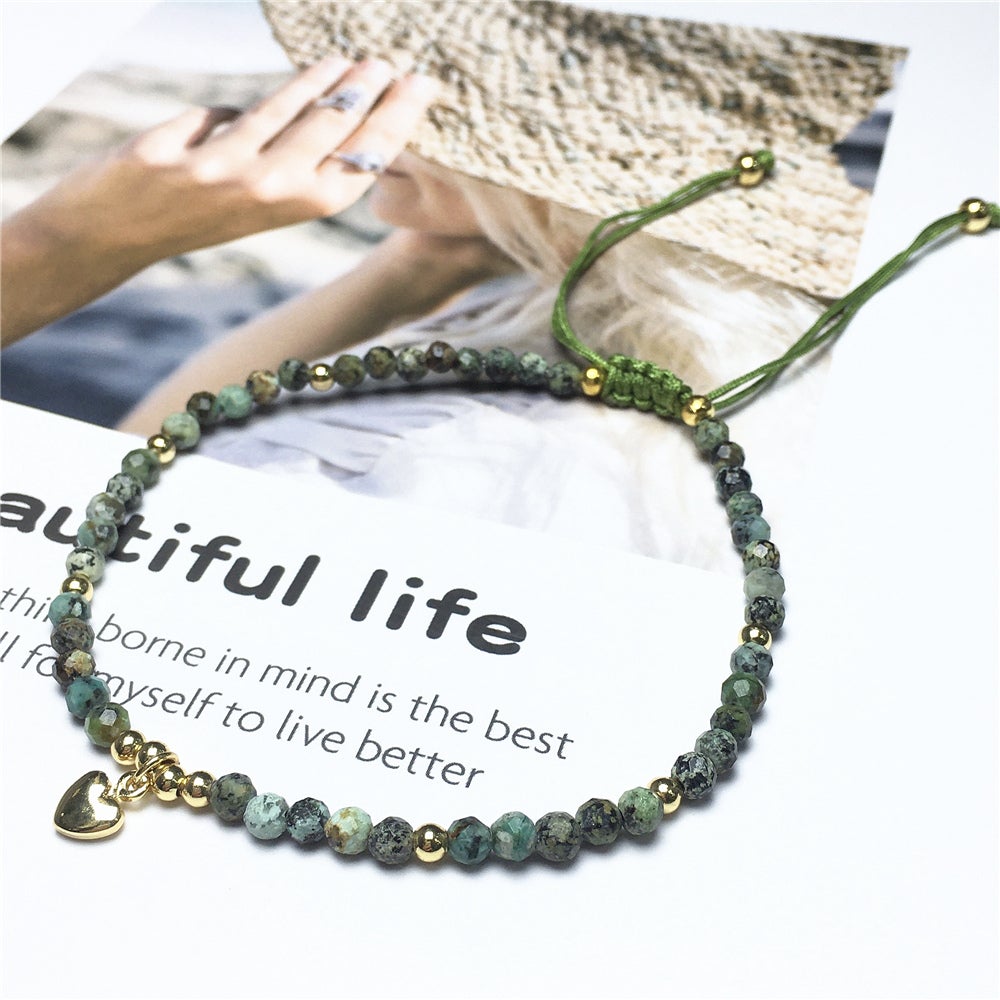 African Turquoise Gemstone Braid Rope Macrame Adjustable Bracelet Tiny Beads Gemstone Bracelet with Love Heart Charm