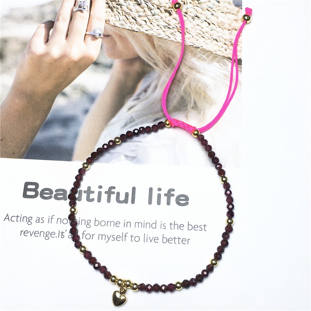 Garnet Gemstone Braid Rope Macrame Adjustable Bracelet Tiny Beads Gemstone Bracelet with Love Heart Charm