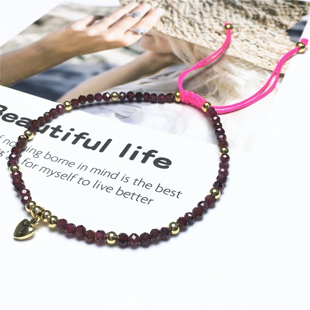 Garnet Gemstone Braid Rope Macrame Adjustable Bracelet Tiny Beads Gemstone Bracelet with Love Heart Charm