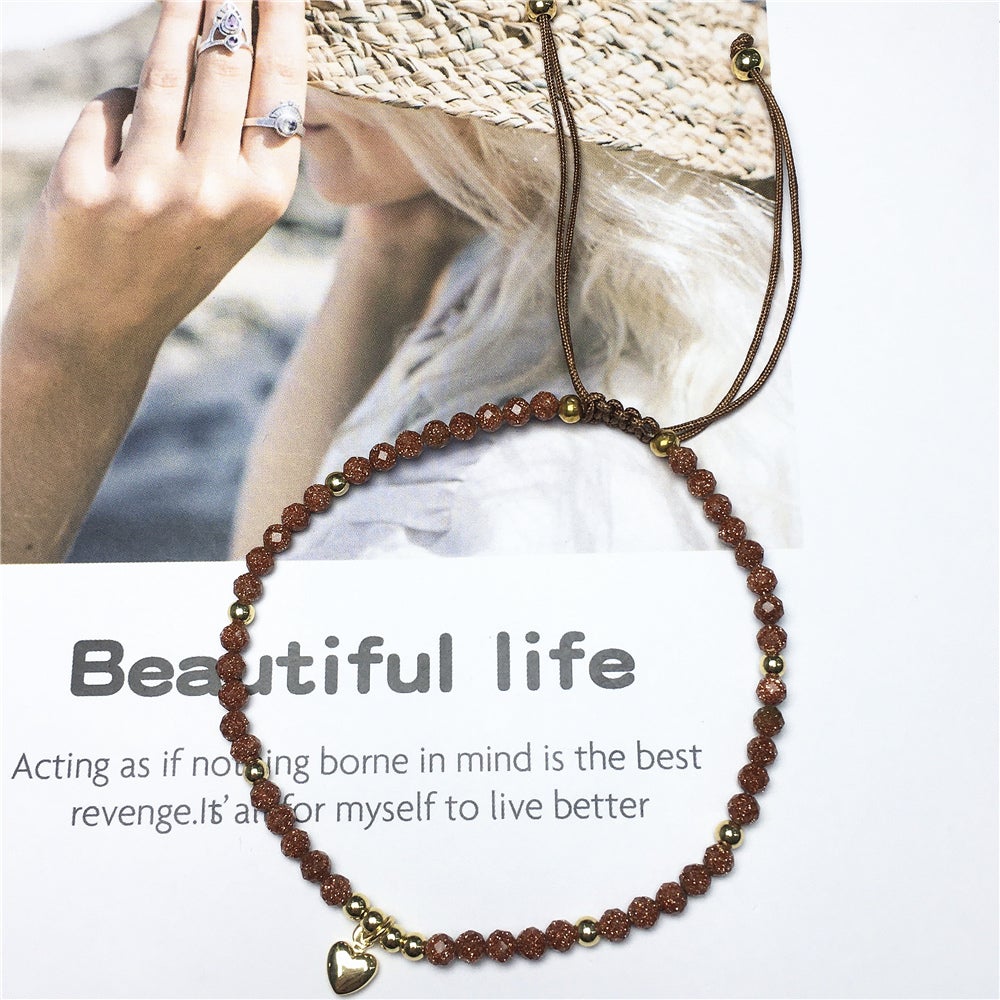 Gold Sandstone Gemstone Braid Rope Macrame Adjustable Bracelet Tiny Beads Gemstone Bracelet with Love Heart Charm