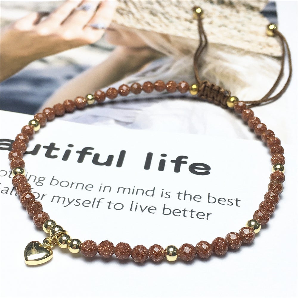 Gold Sandstone Gemstone Braid Rope Macrame Adjustable Bracelet Tiny Beads Gemstone Bracelet with Love Heart Charm