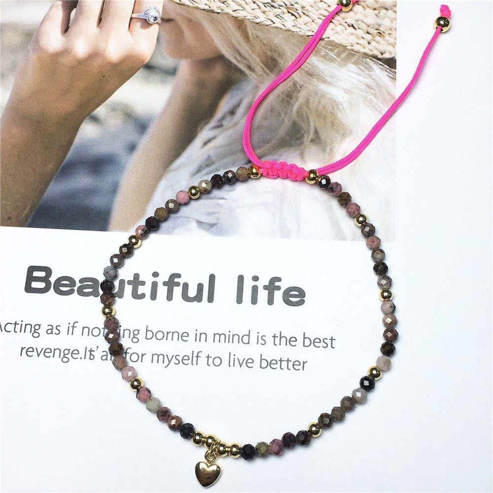 Pink Rhodonite Gemstone Braid Rope Macrame Adjustable Bracelet Tiny Beads Gemstone Bracelet with Love Heart Charm