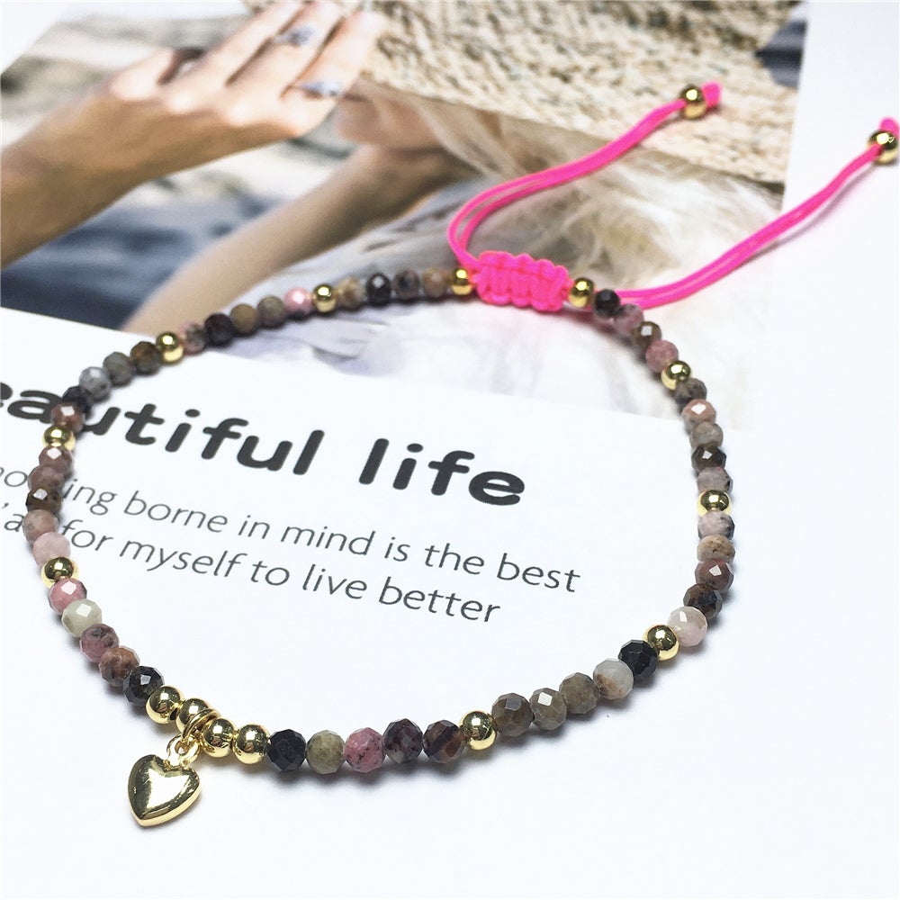 Pink Rhodonite Gemstone Braid Rope Macrame Adjustable Bracelet Tiny Beads Gemstone Bracelet with Love Heart Charm