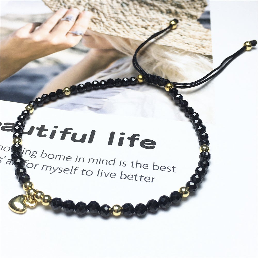 Black Spinel Gemstone Braid Rope Macrame Adjustable Bracelet Tiny Beads Gemstone Bracelet with Love Heart Charm