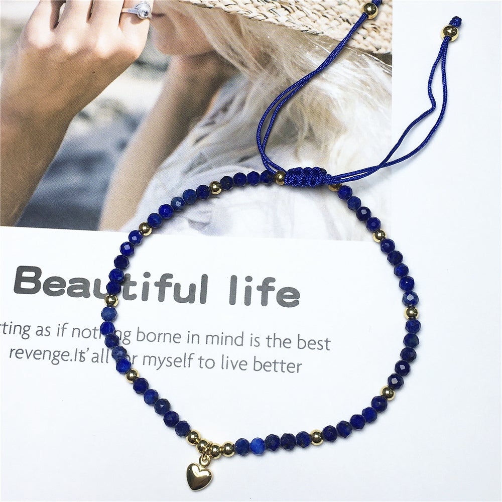 Lapis Gemstone Braid Rope Macrame Adjustable Bracelet Tiny Beads Gemstone Bracelet with Love Heart Charm